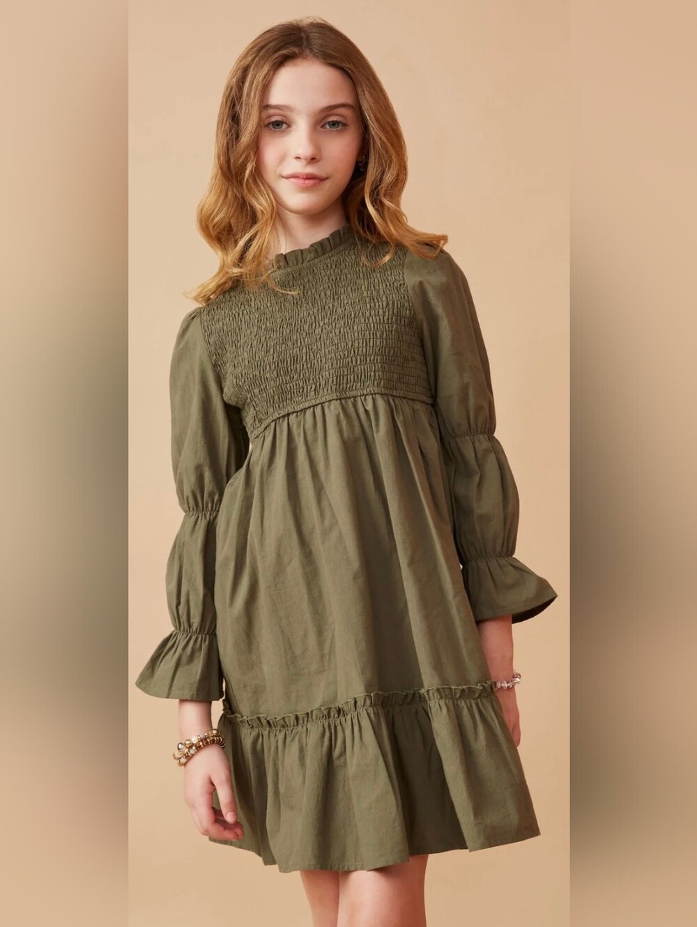 Hayden Girls Poplin Smocked Bodice Peasant Sleeve Dress Olive sz S Cottagecore